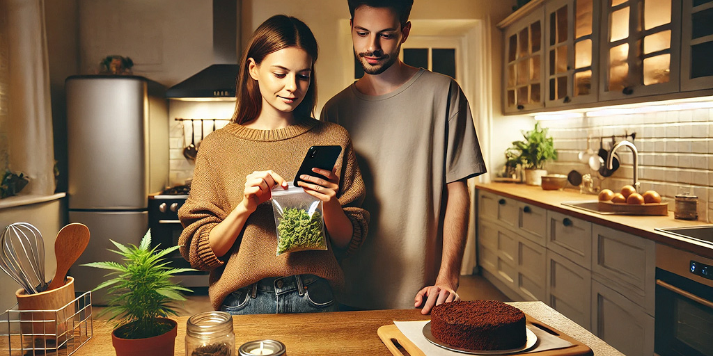 Een jonge man en vrouw rekenen de hoeveelheid wiet uit voor een spacecake met een smartphone in een moderne, gezellige keuken.