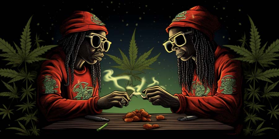 Een tweeling met dreadlocks rookt een joint